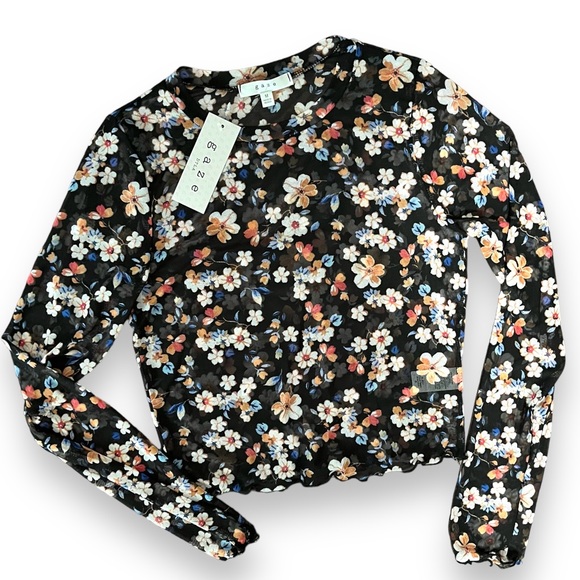 gaze Tops - Floral Mesh Long Sleeve Crop Top